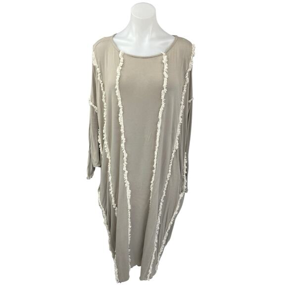 ZhenNymph Gray Batwing Dolman Sleeve Fringe Lagenlook Maxi Midi Kaftan Dress L - Picture 1 of 4